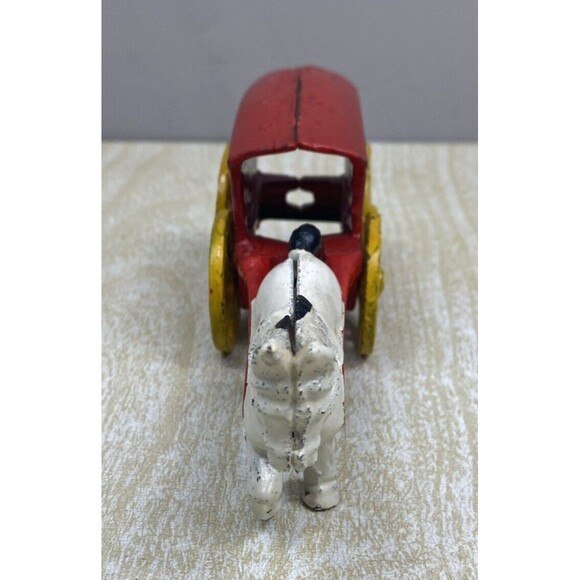 Vintage Cast Iron Horse Drawn Carriage Ice Cart Truck Wagon Toy Red White - Picture 6 of 9